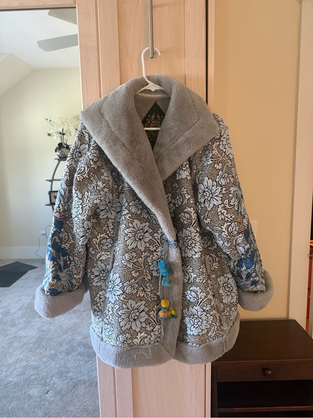 Johnny Was Gray Floral Teddy Jacket with Blue Embroidered Sleeves